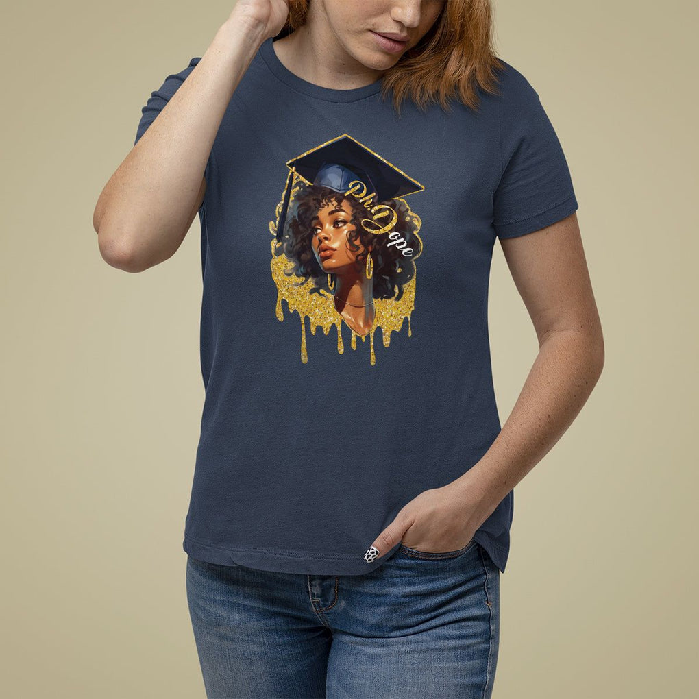 Ph.D. Graduation T Shirt For Women Ph.Dope Black Afro Woman Doctorate Student Graduate TS09 Navy Print Your Wear