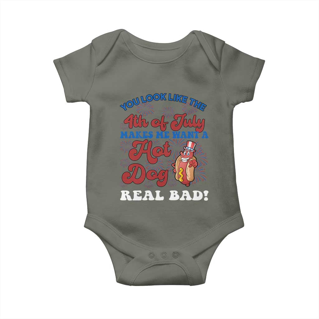 You Look Like The 4th Of July Funny Hot Dog Baby Onesie TS09 Military Green Print Your Wear