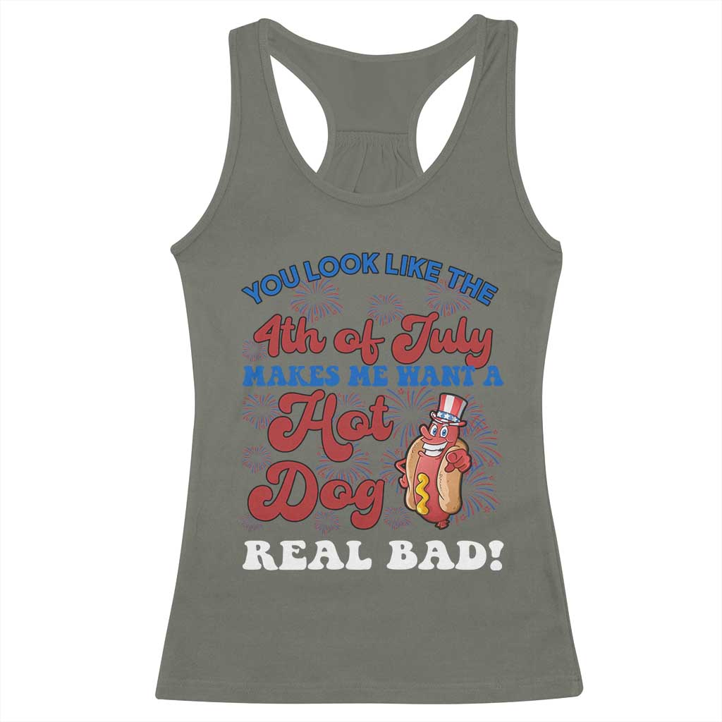 You Look Like The 4th Of July Funny Hot Dog Racerback Tank Top TS09 Military Green Print Your Wear