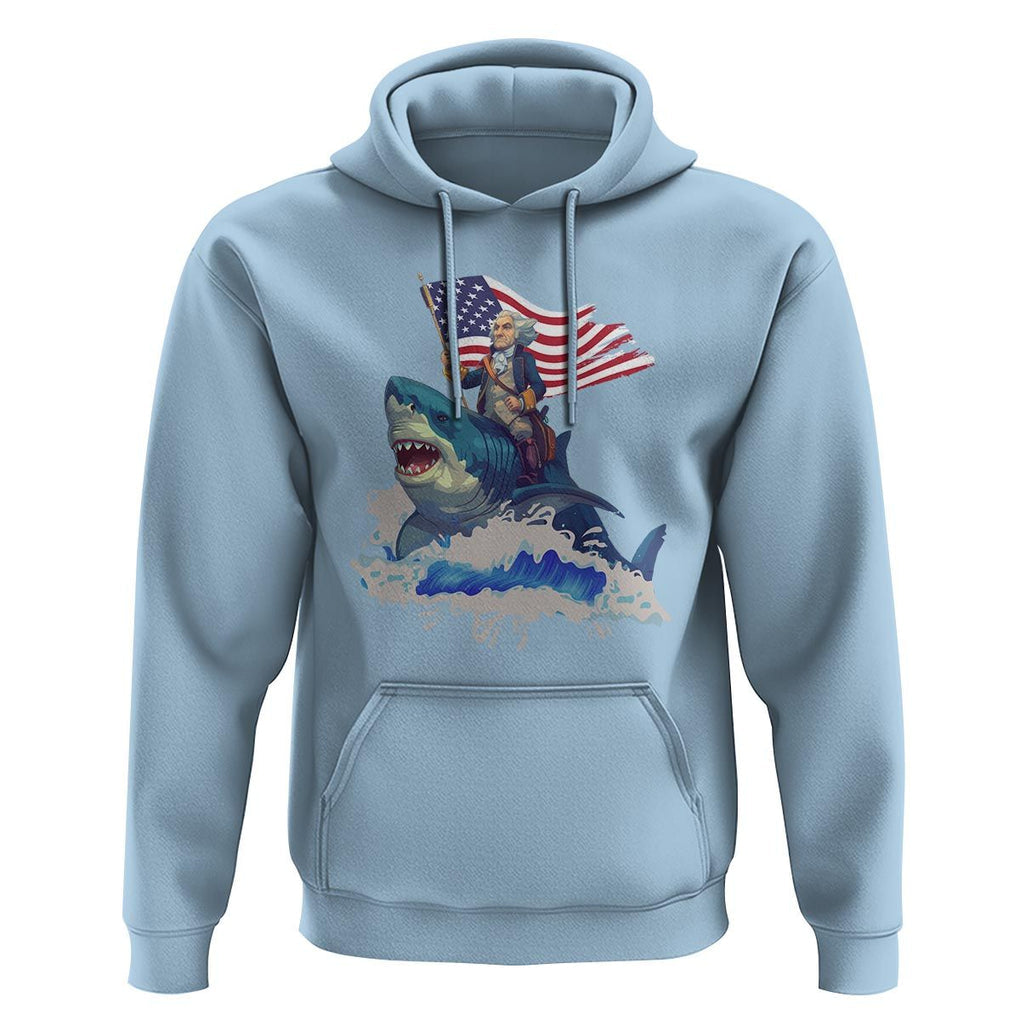 Funny 4th Of July Hoodie George Washington Riding Shark Patriotic Independence Day TS09 Light Blue Print Your Wear