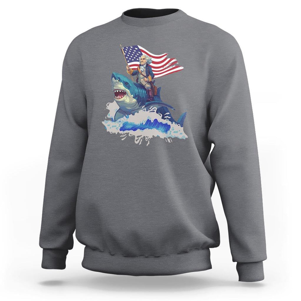 Funny 4th Of July Sweatshirt George Washington Riding Shark Patriotic Independence Day TS09 Charcoal Print Your Wear