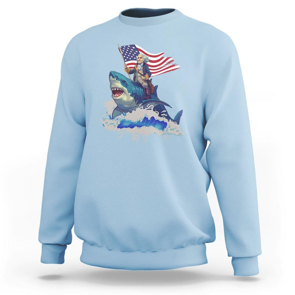 Funny 4th Of July Sweatshirt George Washington Riding Shark Patriotic Independence Day TS09 Light Blue Print Your Wear