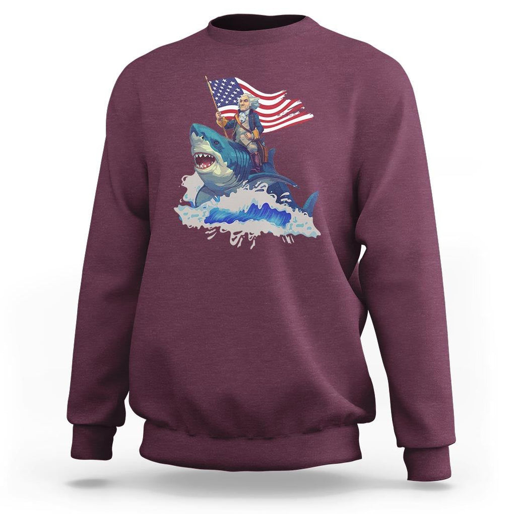 Funny 4th Of July Sweatshirt George Washington Riding Shark Patriotic Independence Day TS09 Maroon Print Your Wear