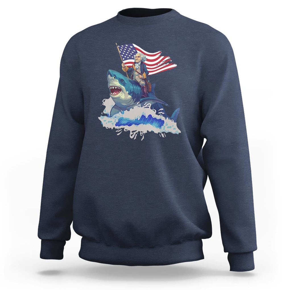 Funny 4th Of July Sweatshirt George Washington Riding Shark Patriotic Independence Day TS09 Navy Print Your Wear