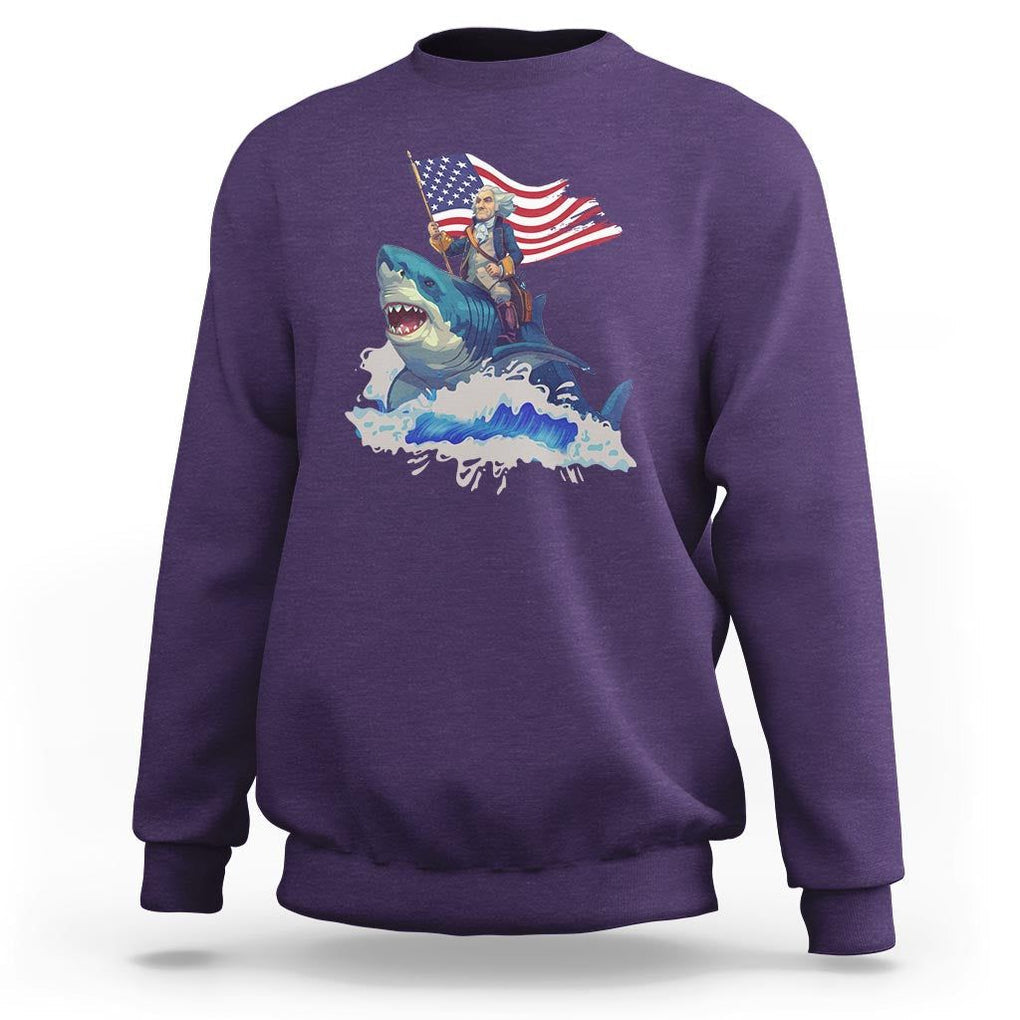 Funny 4th Of July Sweatshirt George Washington Riding Shark Patriotic Independence Day TS09 Purple Print Your Wear