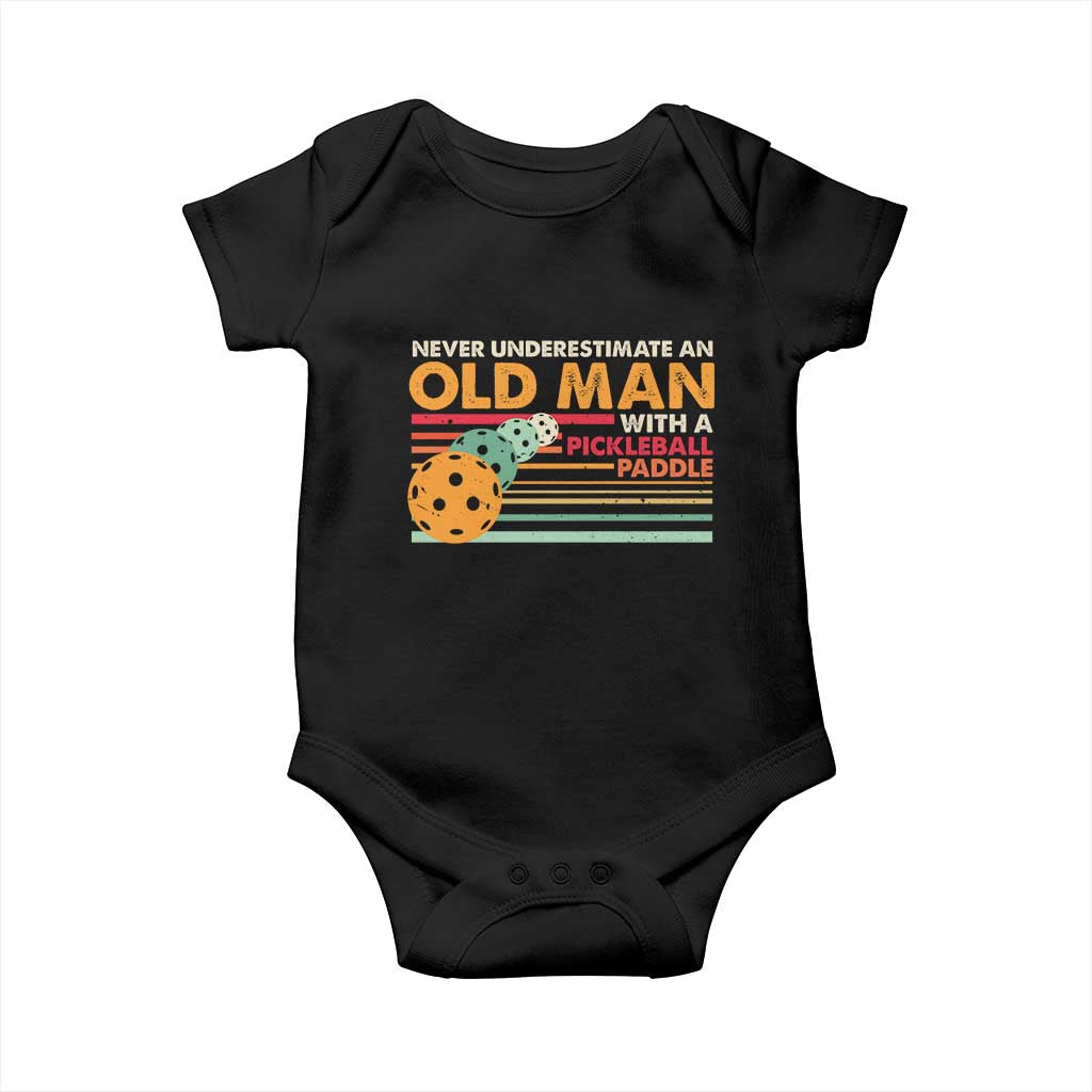 Funny Pickleball Baby Onesie Never Underestimate An Old Man With A Pickleball Paddle TS09 Black Print Your Wear