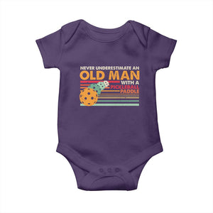 Funny Pickleball Baby Onesie Never Underestimate An Old Man With A Pickleball Paddle TS09 Purple Print Your Wear
