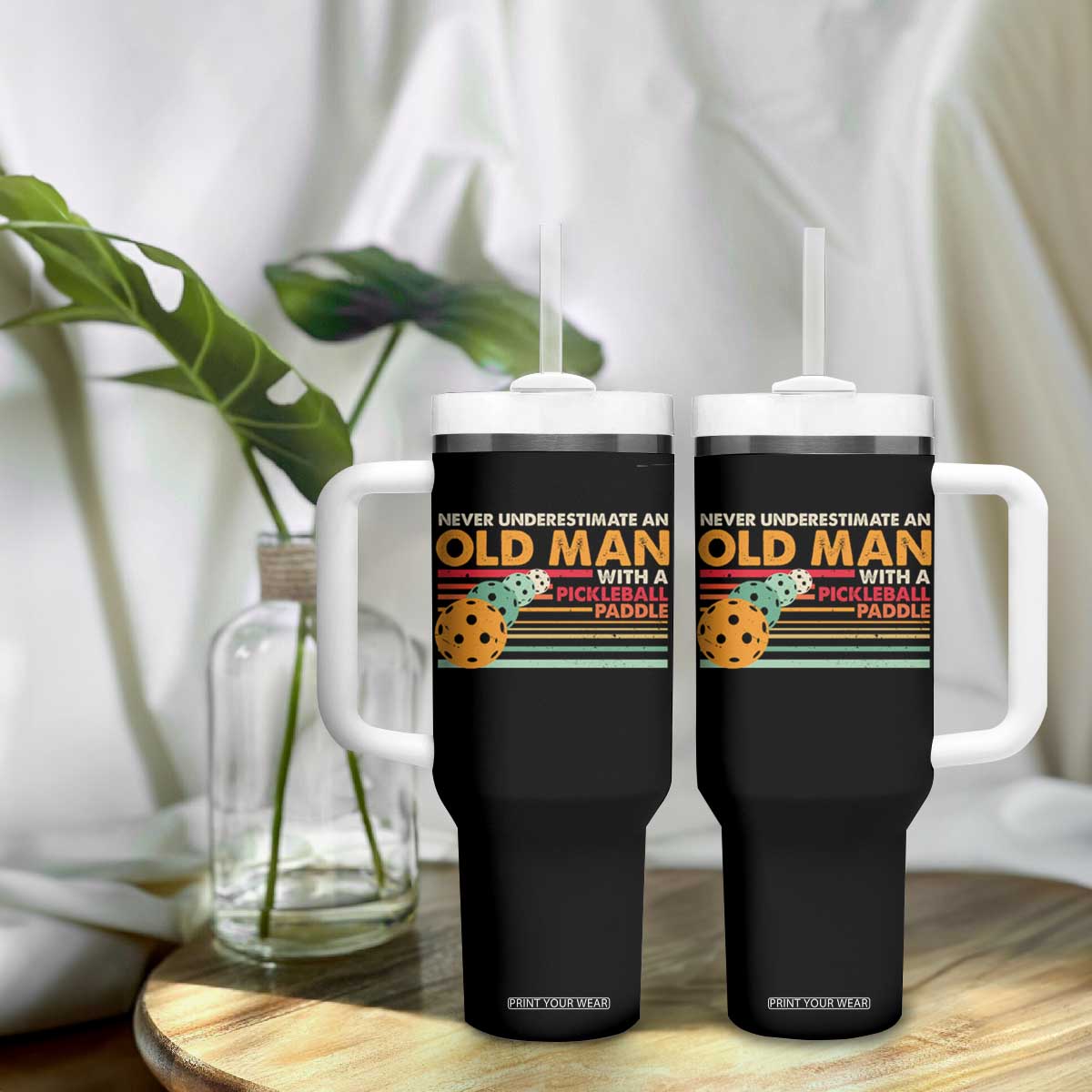 Funny Pickleball Tumbler With Handle Never Underestimate An Old Man With A Pickleball Paddle TS09 Print Your Wear
