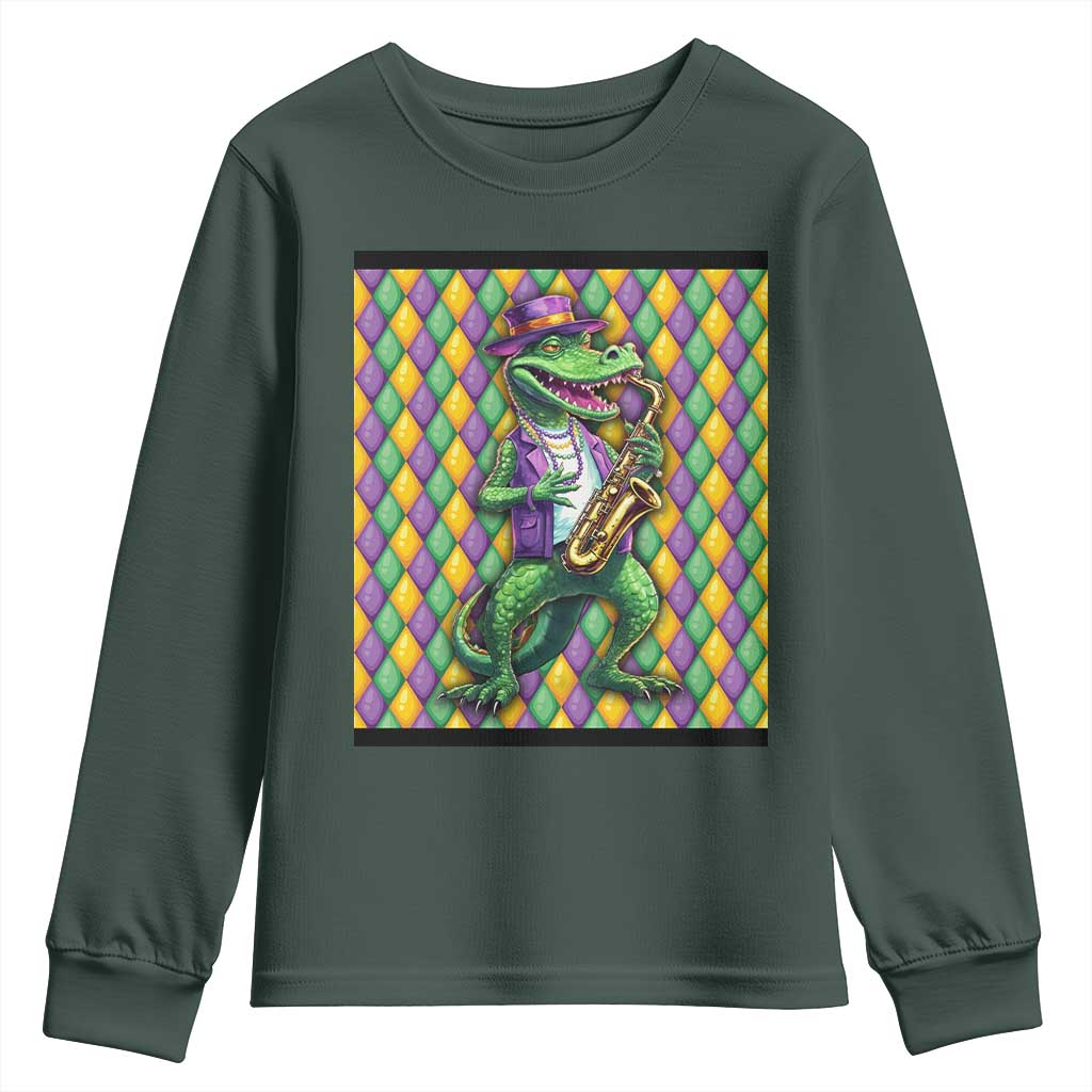 Mardi Gras Funny Alligator Crocodiles Jester Fat Tuesday New Orleans Youth Sweatshirt TS09 Dark Forest Green Print Your Wear