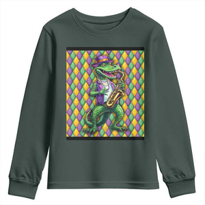 Mardi Gras Funny Alligator Crocodiles Jester Fat Tuesday New Orleans Youth Sweatshirt TS09 Dark Forest Green Print Your Wear