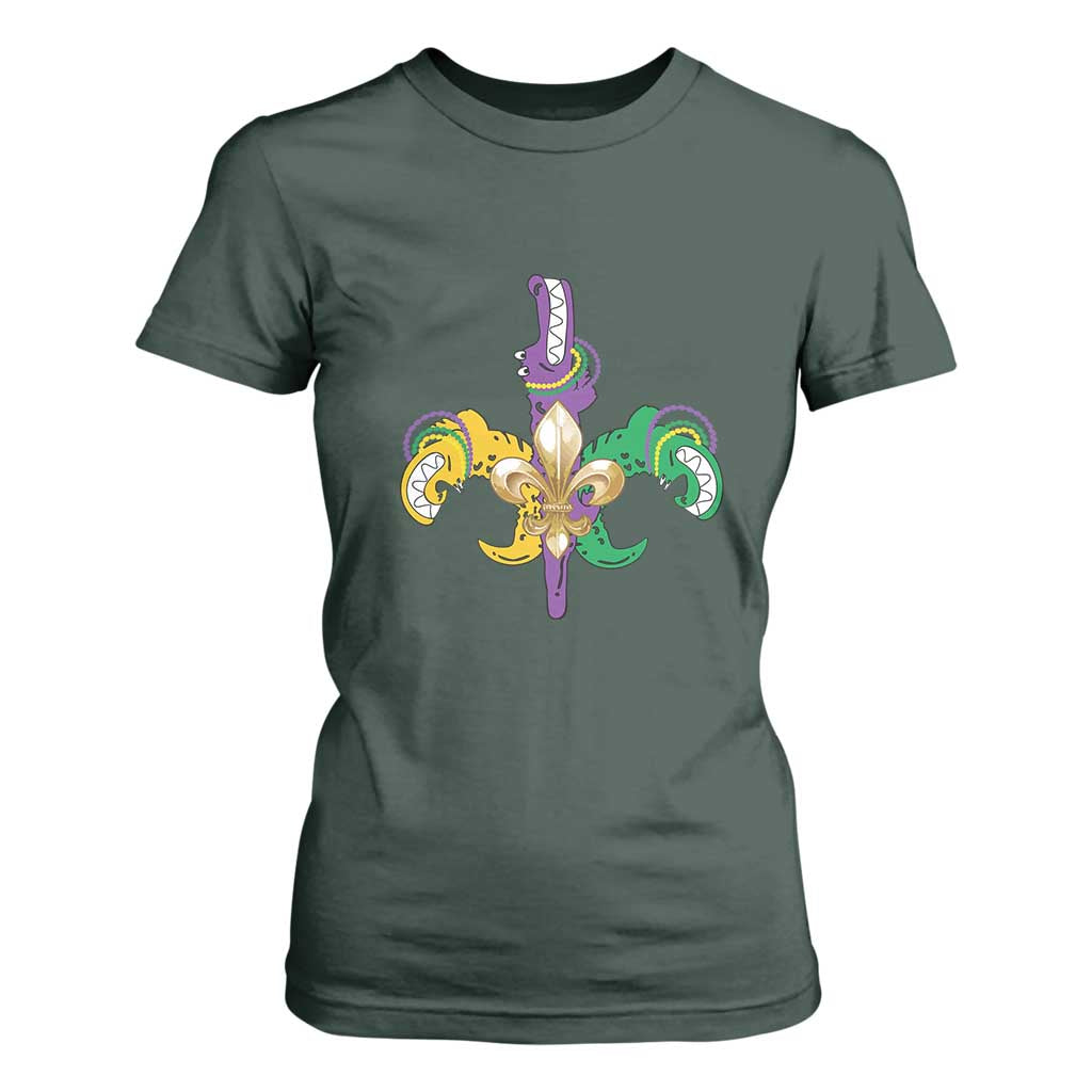 Mardi Gras Alligator Crocodiles Funny Fleur De Lis T Shirt For Women TS09 Dark Forest Green Print Your Wear