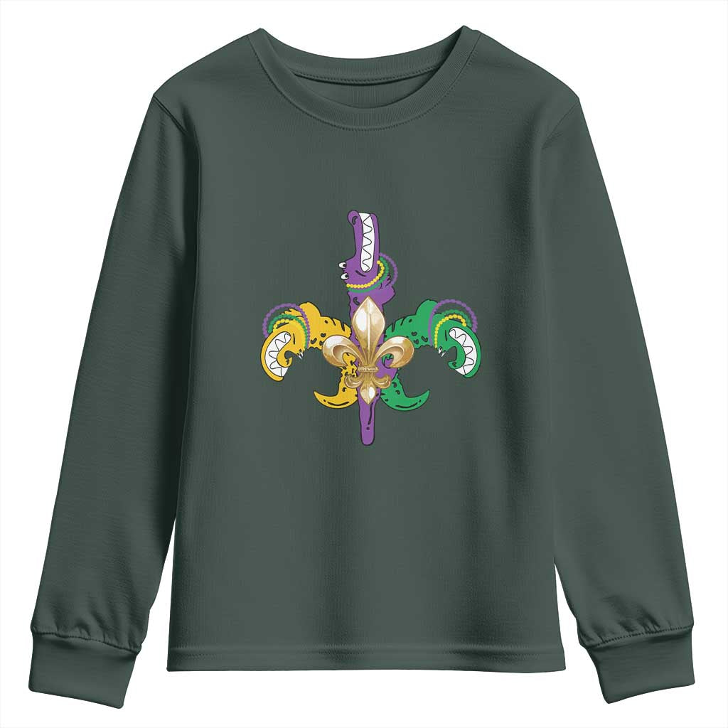 Mardi Gras Alligator Crocodiles Funny Fleur De Lis Youth Sweatshirt TS09 Dark Forest Green Print Your Wear