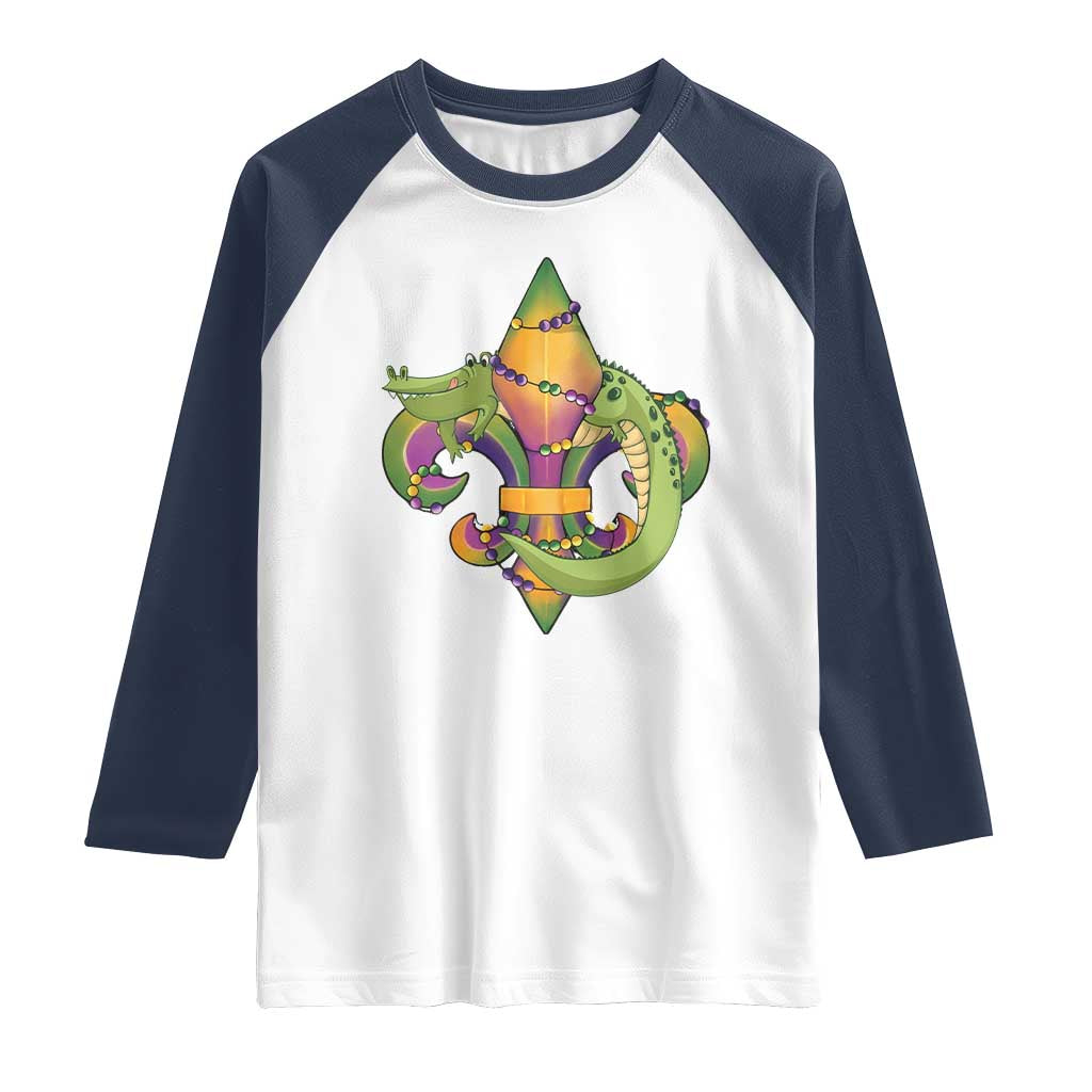 Mardi Gras Alligator Crocodiles Fleur De Lis Raglan Shirt TS09 White Navy Print Your Wear