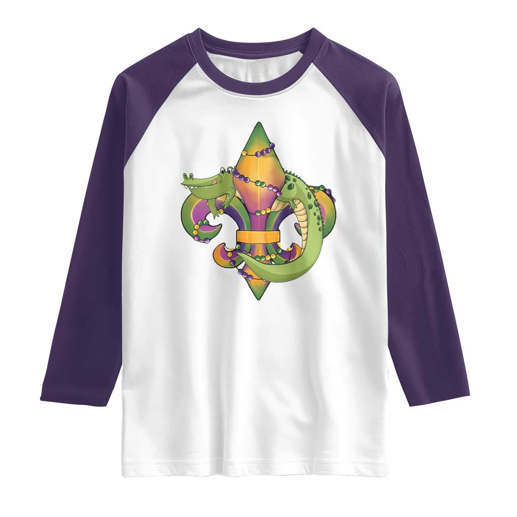 Mardi Gras Alligator Crocodiles Fleur De Lis Raglan Shirt TS09 White Purple Print Your Wear