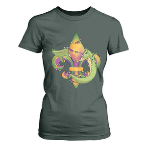 Mardi Gras Alligator Crocodiles Fleur De Lis T Shirt For Women TS09 Dark Forest Green Print Your Wear