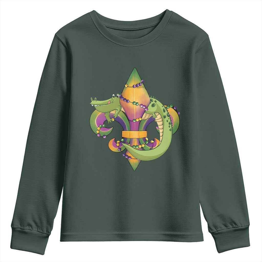 Mardi Gras Alligator Crocodiles Fleur De Lis Youth Sweatshirt TS09 Dark Forest Green Print Your Wear