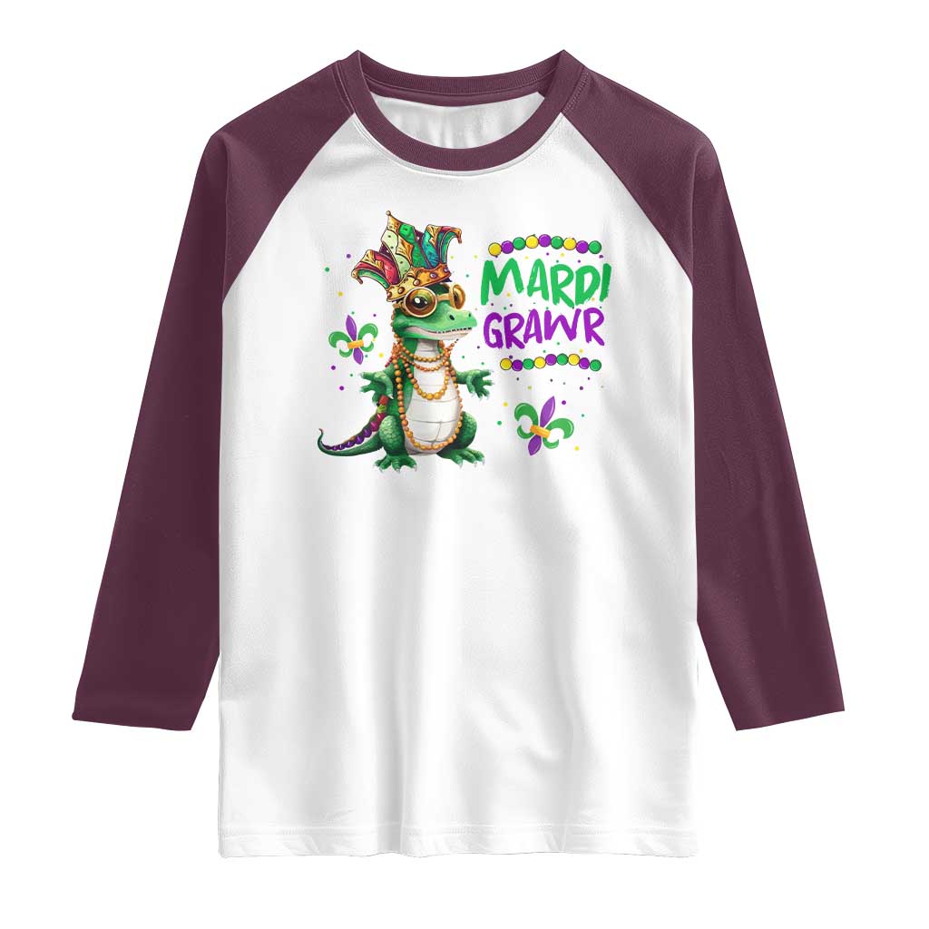 Mardi Grawr Gras Cute Bead Dinosaur Raglan Shirt TS09 White Maroon Print Your Wear