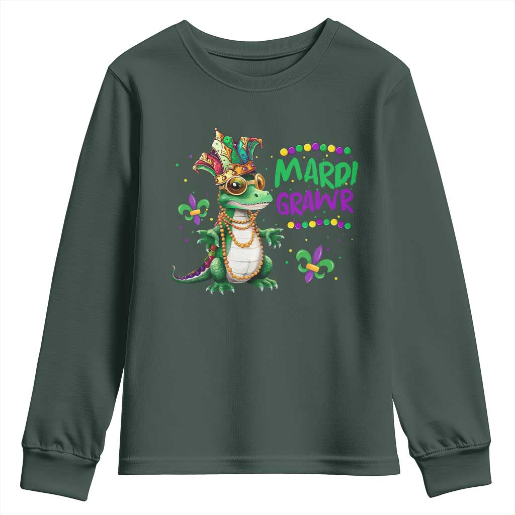 Mardi Grawr Gras Cute Bead Dinosaur Youth Sweatshirt TS09 Dark Forest Green Print Your Wear