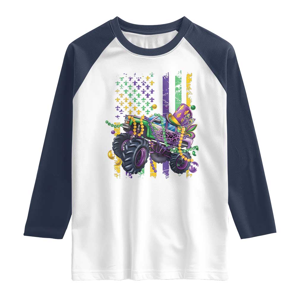 Mardi Gras Monster Truck Beads Flag Raglan Shirt TS09 White Navy Print Your Wear