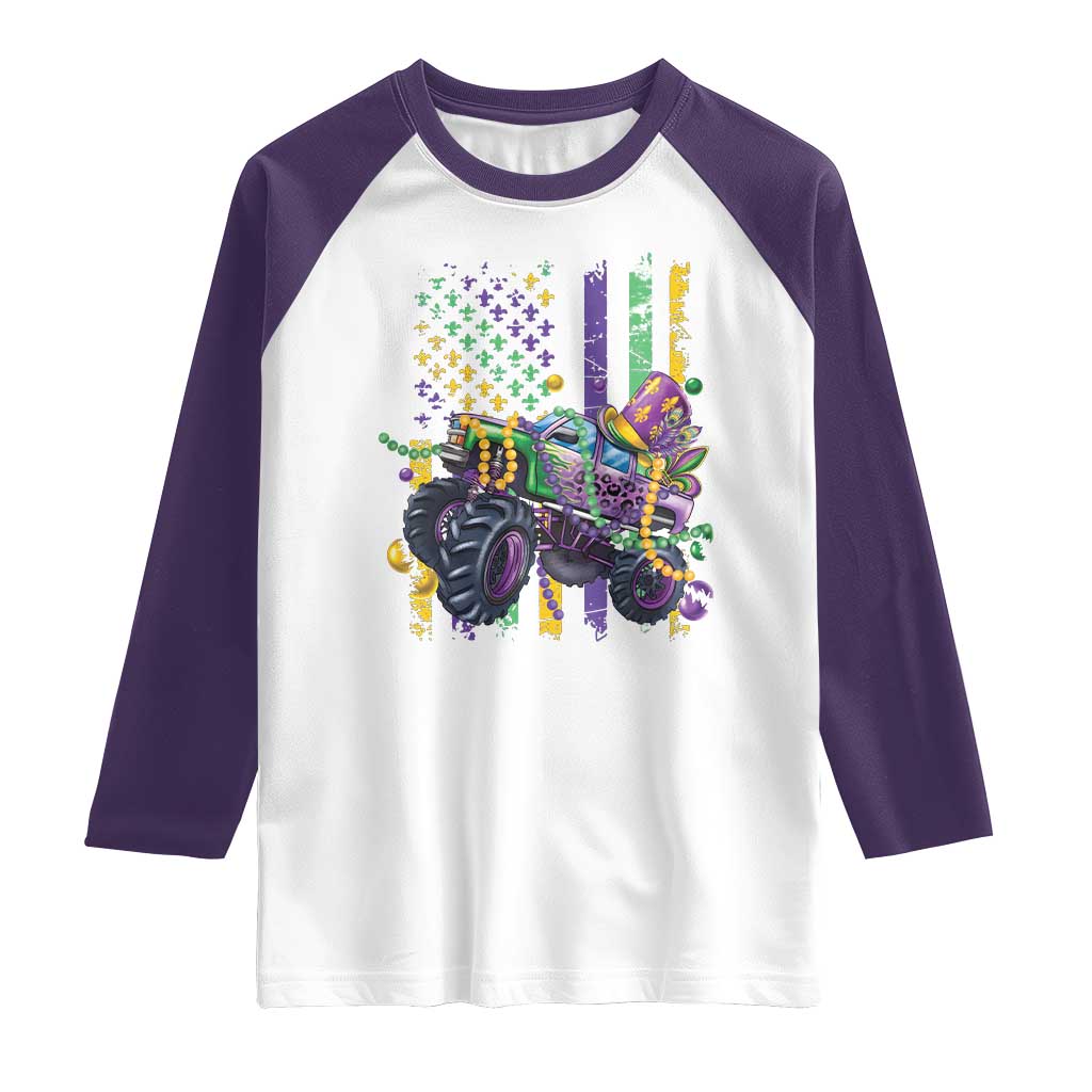 Mardi Gras Monster Truck Beads Flag Raglan Shirt TS09 White Purple Print Your Wear