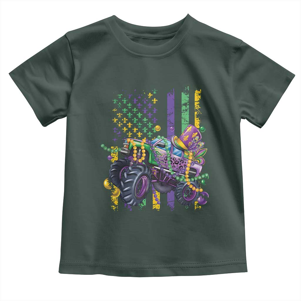 Mardi Gras Monster Truck Beads Flag Toddler T Shirt TS09 Dark Forest Green Print Your Wear