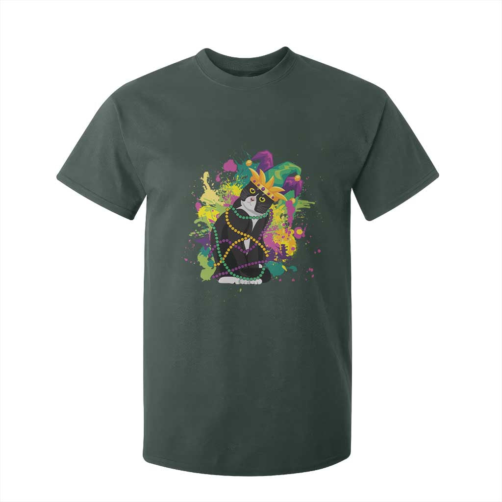 Mardi Gras Funny Tuxedo Cat Meme Beads T Shirt For Kid TS09 Dark Forest Green Print Your Wear