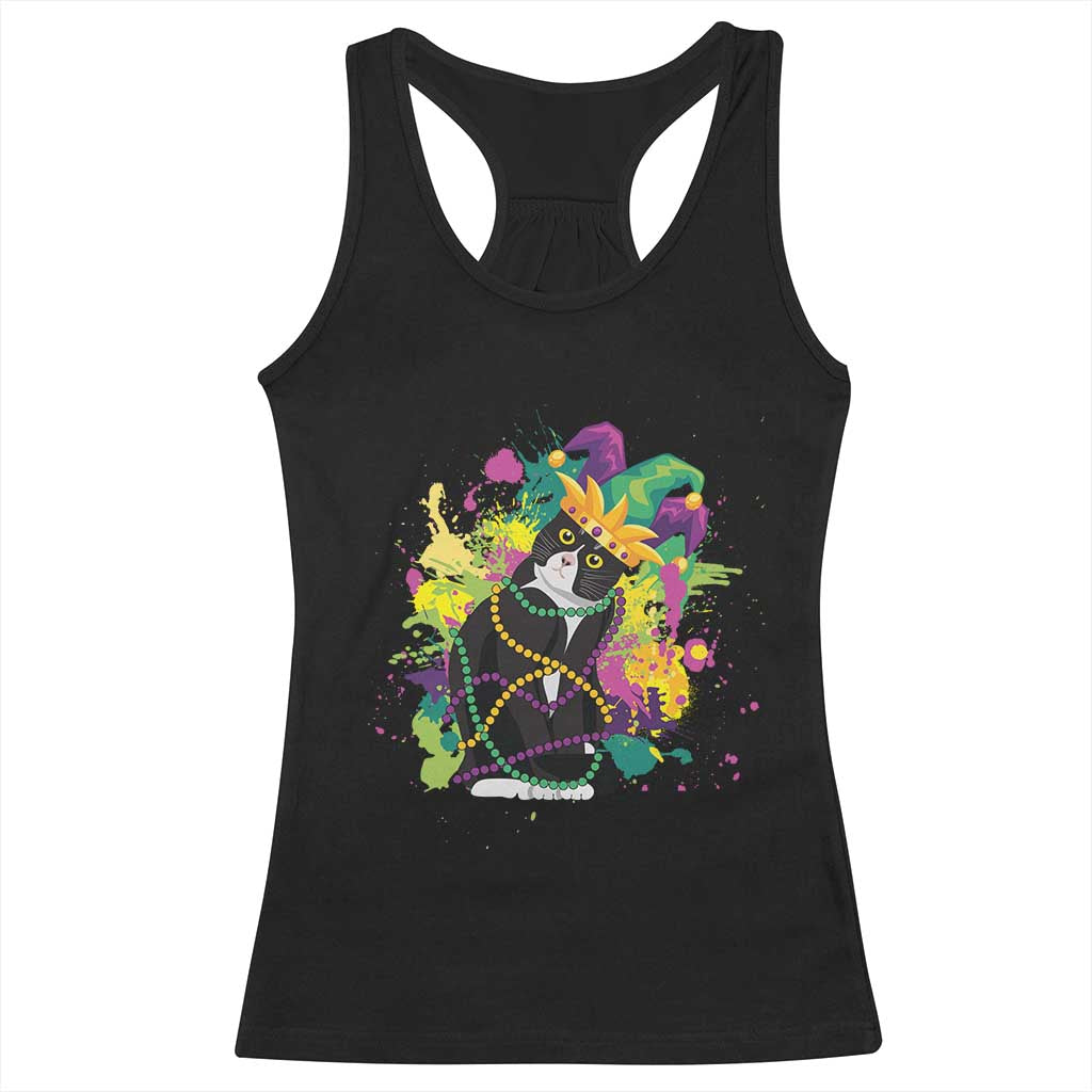Mardi Gras Funny Tuxedo Cat Meme Beads Racerback Tank Top TS09 Black Print Your Wear