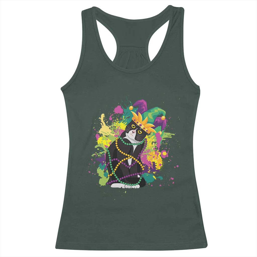 Mardi Gras Funny Tuxedo Cat Meme Beads Racerback Tank Top TS09 Dark Forest Green Print Your Wear