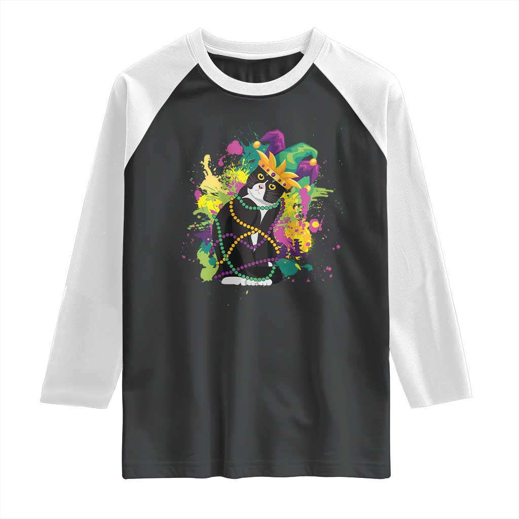 Mardi Gras Funny Tuxedo Cat Meme Beads Raglan Shirt TS09 Black White Print Your Wear