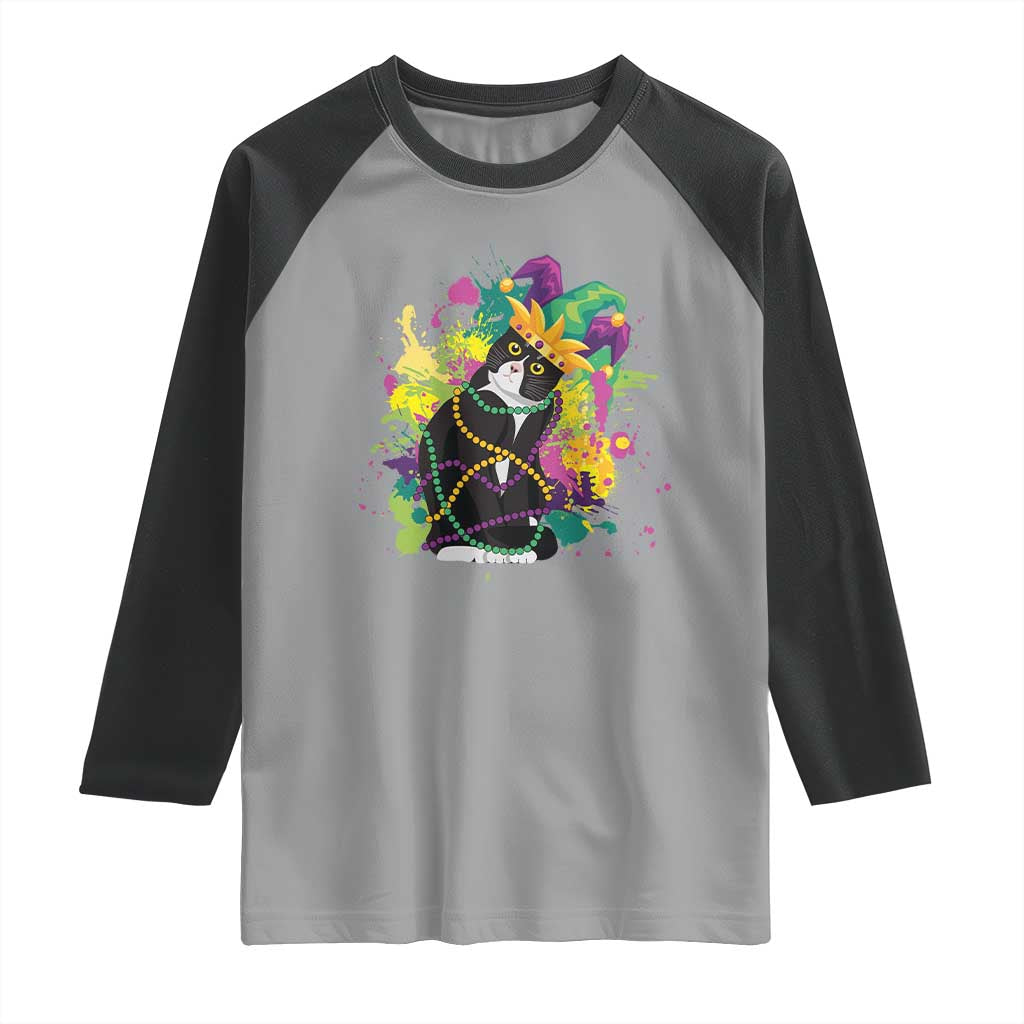 Mardi Gras Funny Tuxedo Cat Meme Beads Raglan Shirt TS09 Sport Gray Black Print Your Wear
