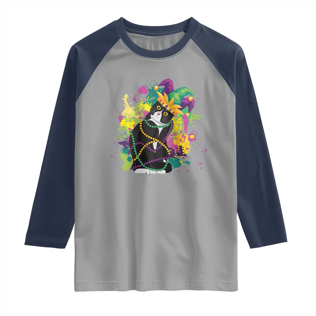 Mardi Gras Funny Tuxedo Cat Meme Beads Raglan Shirt TS09 Sport Gray Navy Print Your Wear