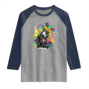 Mardi Gras Funny Tuxedo Cat Meme Beads Raglan Shirt TS09 Sport Gray Navy Print Your Wear
