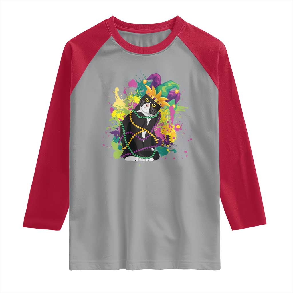 Mardi Gras Funny Tuxedo Cat Meme Beads Raglan Shirt TS09 Sport Gray Red Print Your Wear