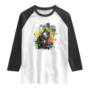 Mardi Gras Funny Tuxedo Cat Meme Beads Raglan Shirt TS09 White Black Print Your Wear