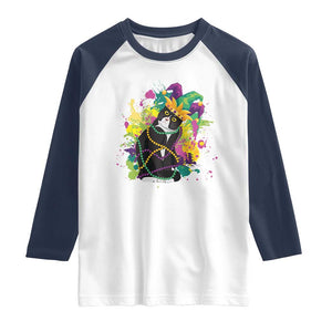 Mardi Gras Funny Tuxedo Cat Meme Beads Raglan Shirt TS09 White Navy Print Your Wear