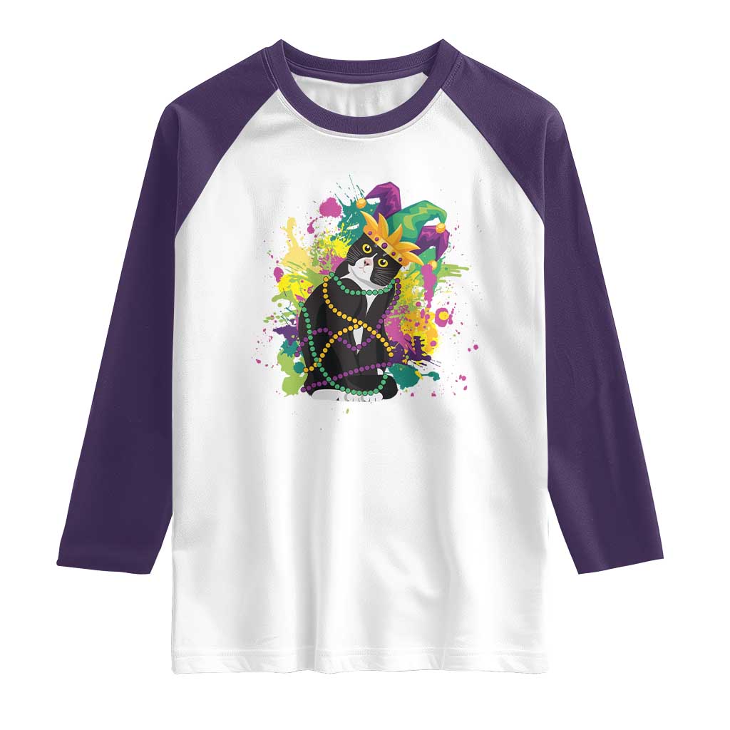 Mardi Gras Funny Tuxedo Cat Meme Beads Raglan Shirt TS09 White Purple Print Your Wear