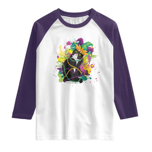 Mardi Gras Funny Tuxedo Cat Meme Beads Raglan Shirt TS09 White Purple Print Your Wear