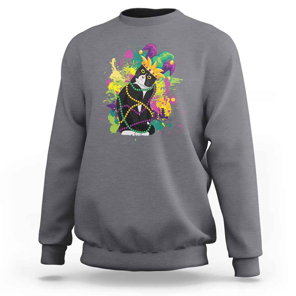 Mardi Gras Funny Tuxedo Cat Meme Beads Sweatshirt TS09 Charcoal Printyourwear