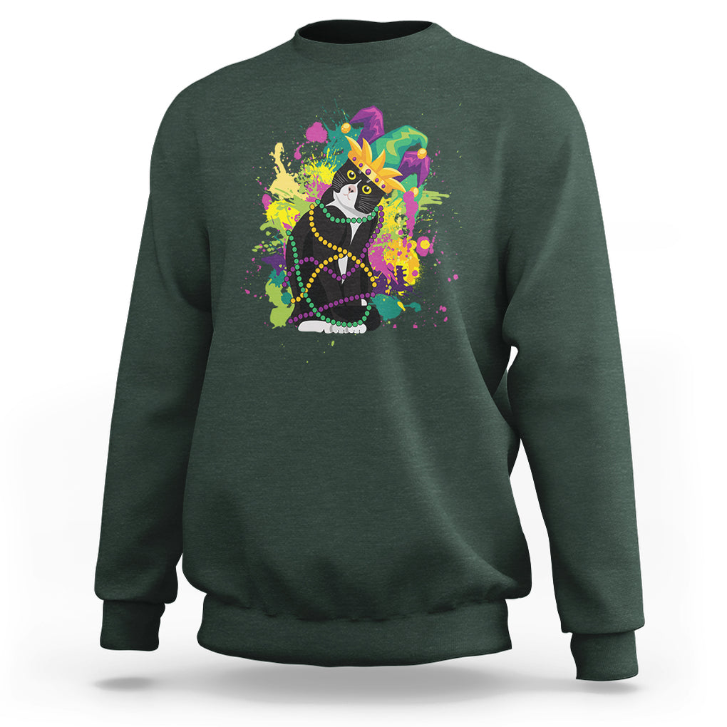 Mardi Gras Funny Tuxedo Cat Meme Beads Sweatshirt TS09 Dark Forest Green Printyourwear