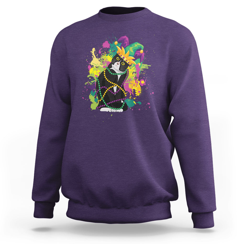 Mardi Gras Funny Tuxedo Cat Meme Beads Sweatshirt TS09 Purple Printyourwear Mardi gras funny tuxedo cat meme beads sweatshirt ts09 purple printyourwear