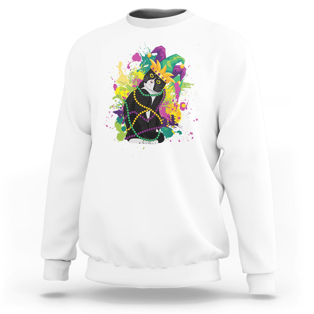 Mardi Gras Funny Tuxedo Cat Meme Beads Sweatshirt TS09 White Printyourwear Mardi gras funny tuxedo cat meme beads sweatshirt ts09 white printyourwear