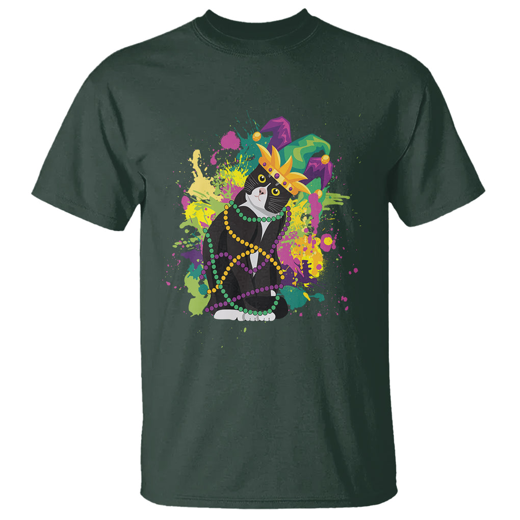 Mardi Gras Funny Tuxedo Cat Meme Beads T Shirt TS09 Dark Forest Green Printyourwear