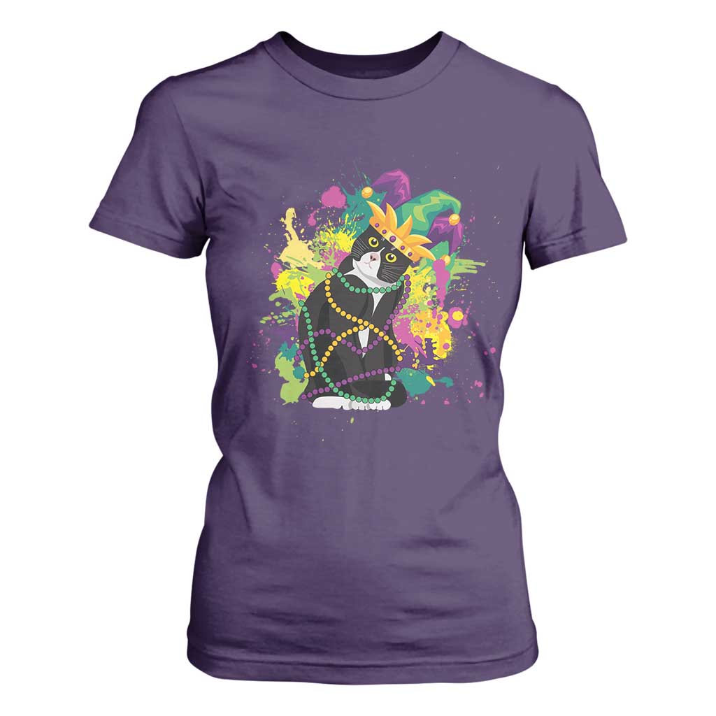 Mardi Gras Funny Tuxedo Cat Meme Beads T Shirt For Women TS09 Purple Print Your Wear