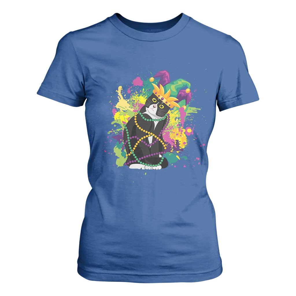 Mardi Gras Funny Tuxedo Cat Meme Beads T Shirt For Women TS09 Royal Blue Print Your Wear