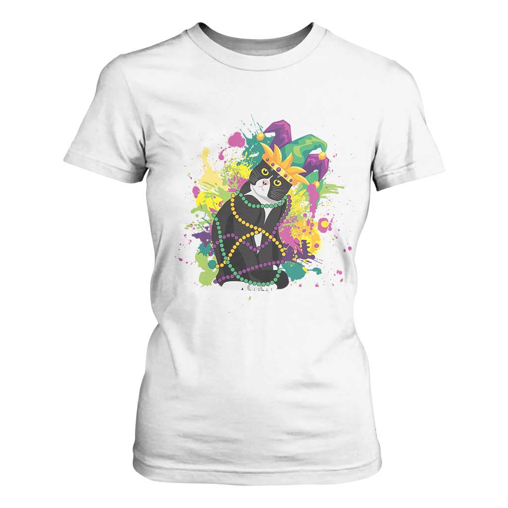 Mardi Gras Funny Tuxedo Cat Meme Beads T Shirt For Women TS09 White Print Your Wear
