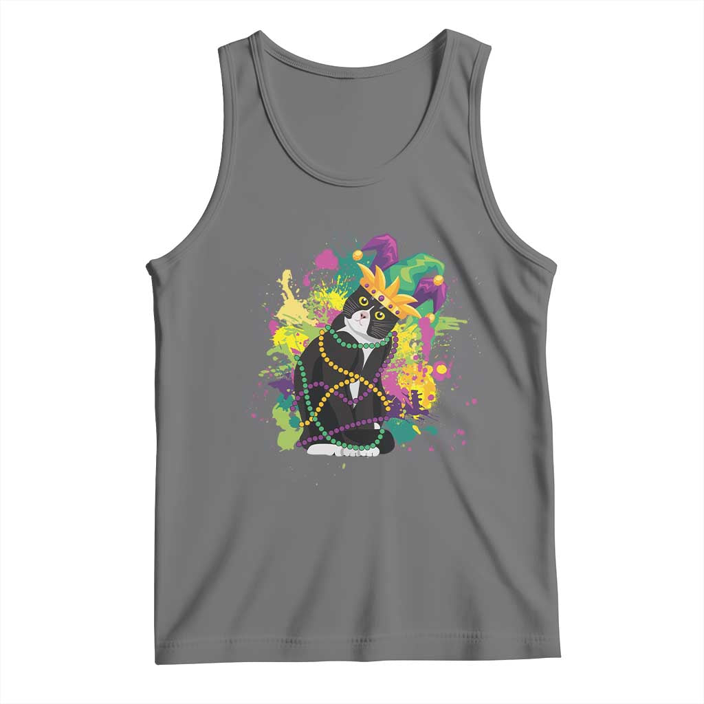 Mardi Gras Funny Tuxedo Cat Meme Beads Tank Top TS09 Black Heather Print Your Wear