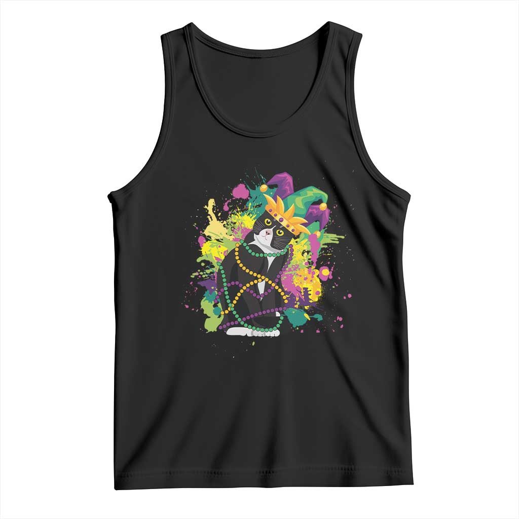 Mardi Gras Funny Tuxedo Cat Meme Beads Tank Top TS09 Black Print Your Wear