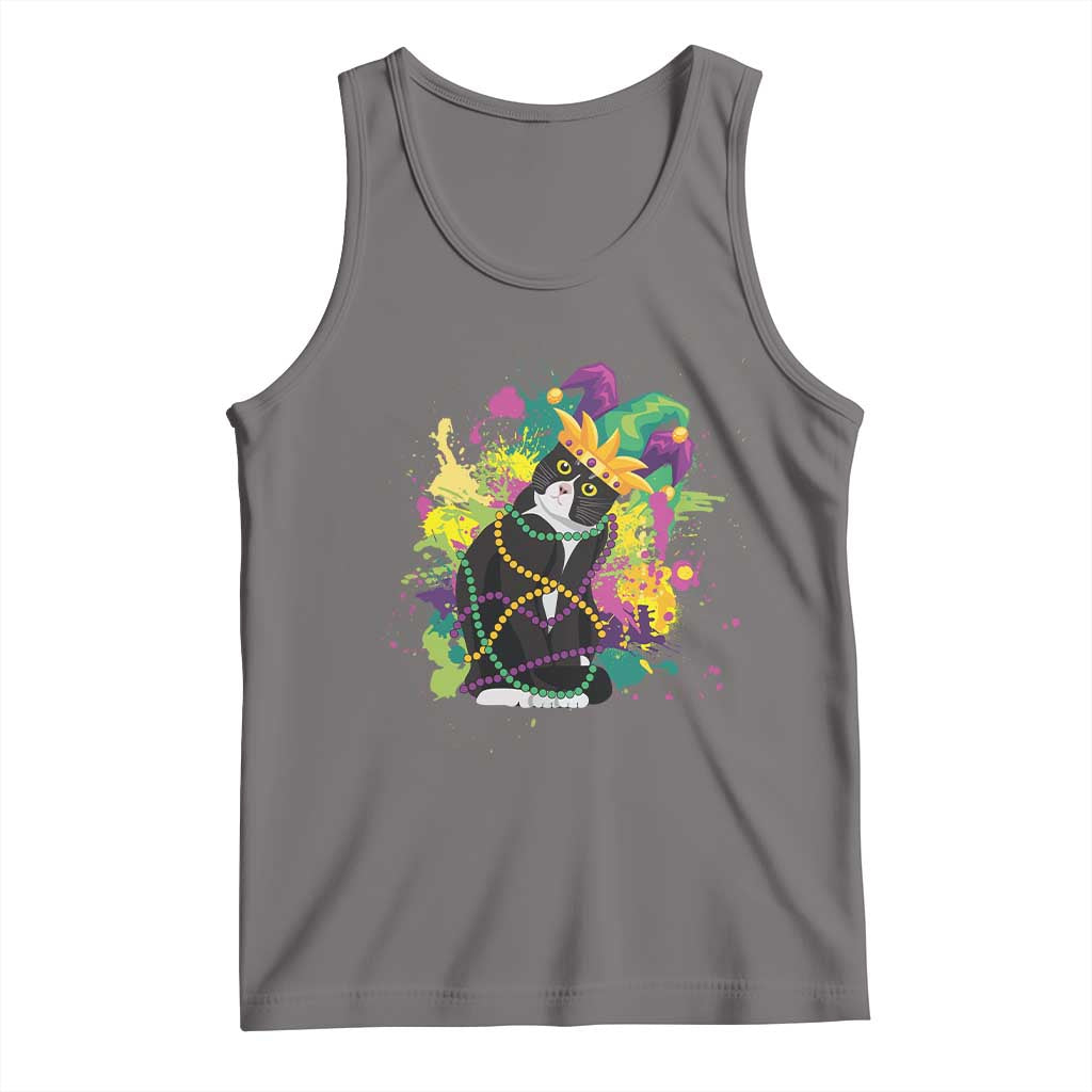 Mardi Gras Funny Tuxedo Cat Meme Beads Tank Top TS09 Deep Heather Print Your Wear
