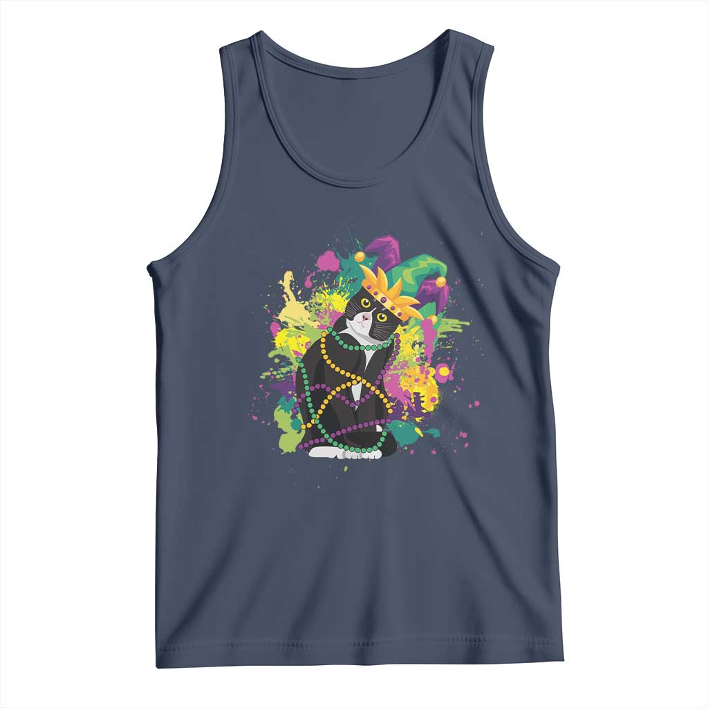 Mardi Gras Funny Tuxedo Cat Meme Beads Tank Top TS09 Navy Print Your Wear
