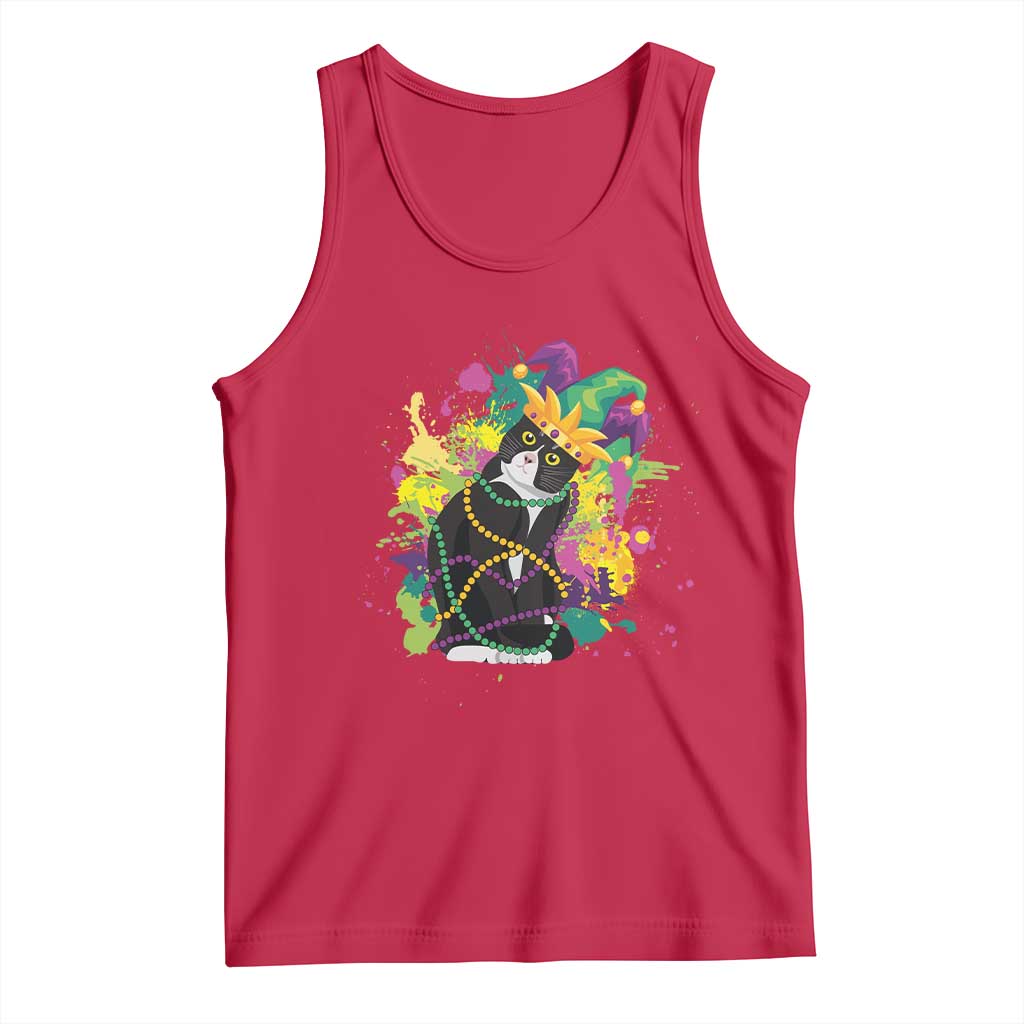 Mardi Gras Funny Tuxedo Cat Meme Beads Tank Top TS09 Red Print Your Wear